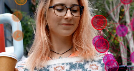 Image of digital icons over woman using smartphone