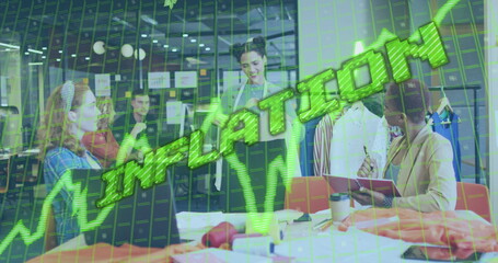 Image of data processing and inflation text over diverse business people working in office