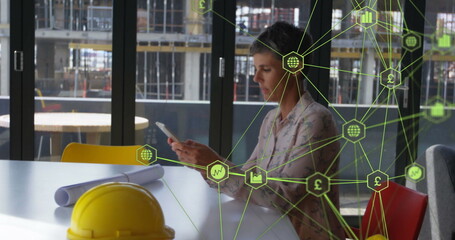 Image of network of digital icons over woman using smartphone