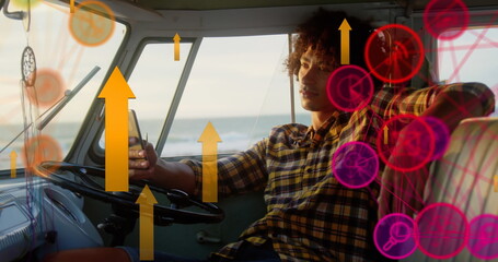 Image of network of digital icons over man using smartphone