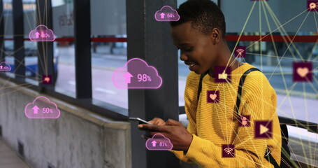 Image of network of digital icons over woman using smartphone