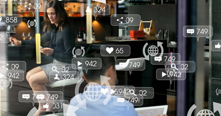 Image of digital icons over woman using smartphone