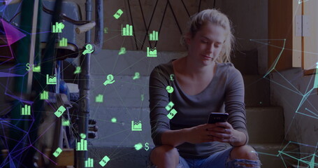 Image of digital icons over woman using smartphone