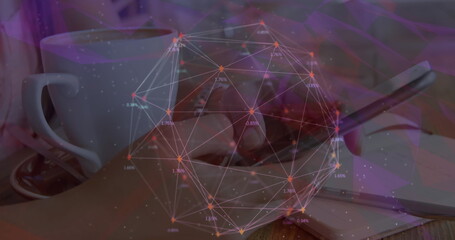 Image of network of digital icons over woman using smartphone