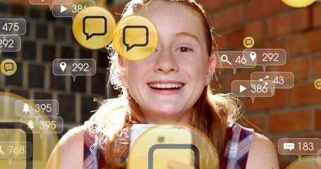 Image of digital icons over woman using smartphone