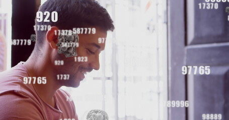 Image of digital icons and data processing over man using smartphone