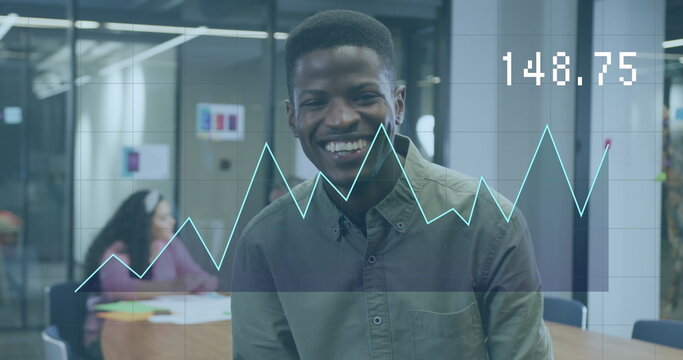 Image of data processing over diverse business people working in office