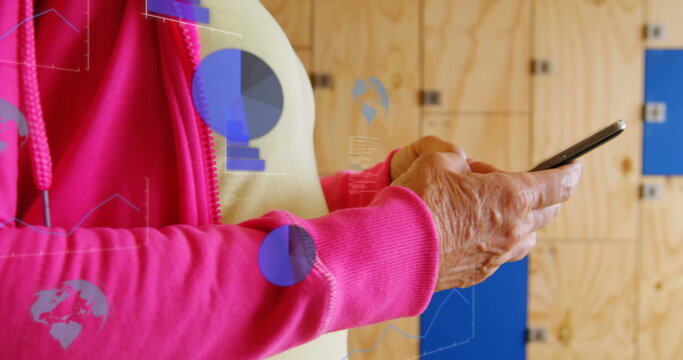 Image of data processing and graphs over woman using smartphone