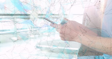 Network of connections floating against african american woman using smartphone