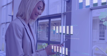 Statistical data processing against caucasian businesswoman using smartphone at office