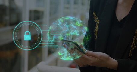Globe of plexus networks and security padlock icon against mid section of woman using smartphone