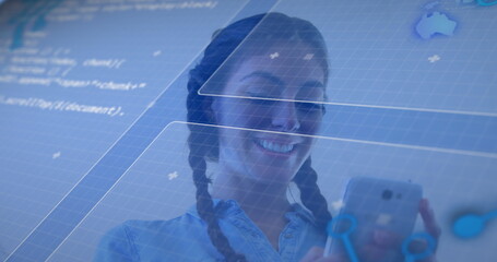 Digital interface with data processing against caucasian woman using smartphone