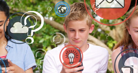 Question mark and digital icons against group of diverse students using smartphone