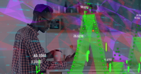 Financial data processing against african american man drinking coffee and using smartphone