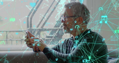 Image of network of digital icons over man using smartphone