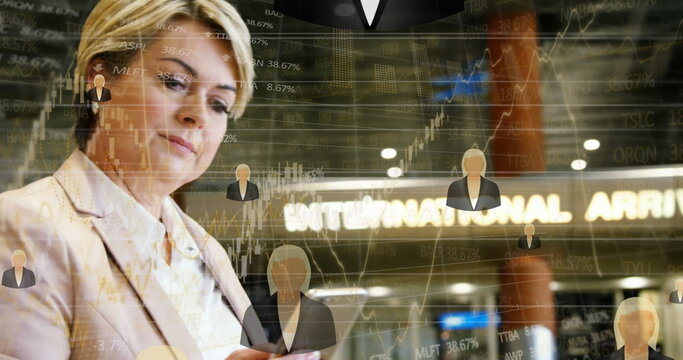 Financial data processing against caucasian senior businesswoman using smartphone at airport - Powered by Adobe