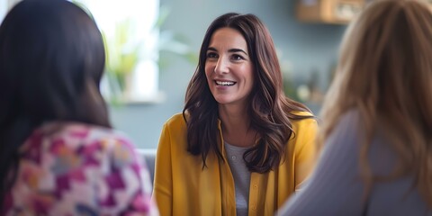 Fototapeta premium Smiling woman in yellow enjoying a conversation with friends. casual indoor meeting. lifestyle and friendship concept. AI