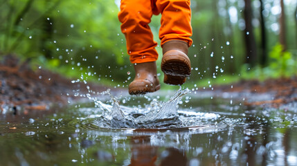 A jubilant water splash, frozen in time, captures the exhilarating moment of a child jumping into a puddle, radiating pure joy and carefree abandon