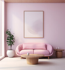 modern living room with sofa and frame in wall, table,cup, window,vase with plant in it ,home interior design, couch, beige white and violet ,sun light,mockup
