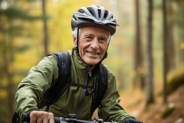 Portrait of happy senior man with bicycle in forest, smiling.
