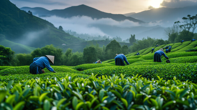 Tea pickers at a plantation working and harvesting green tea in Asian country.