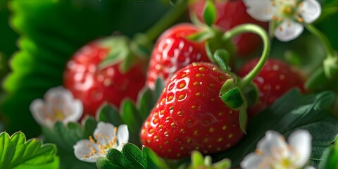 Fresh strawberries with blooming flowers. vibrant natural lighting. ideal for food and nature themes. delicious and healthy. AI
