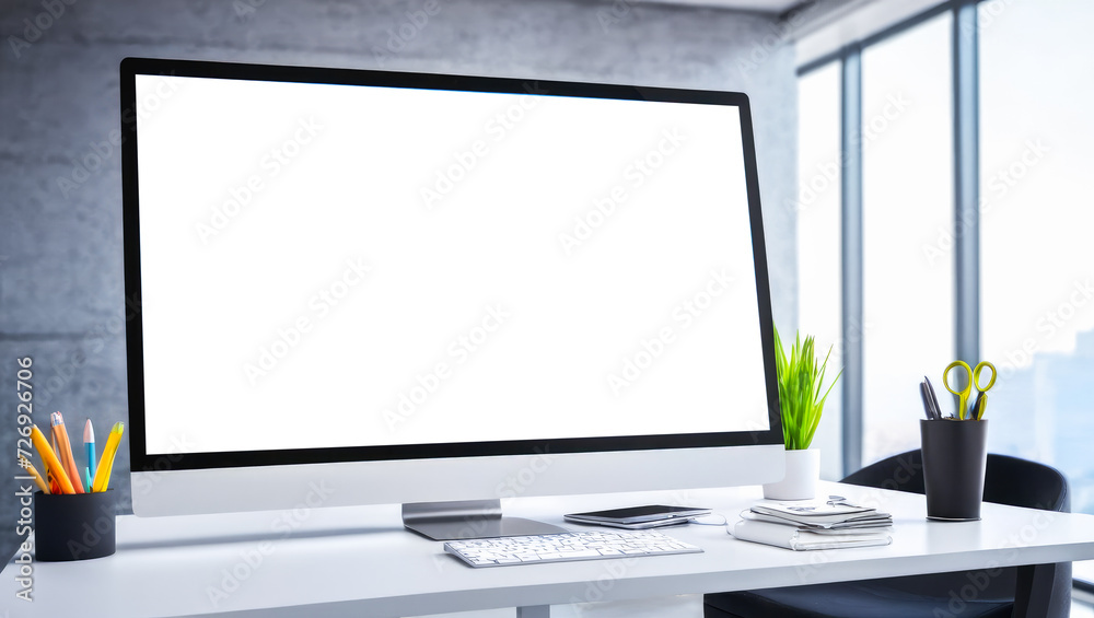 Poster workspace with mockup blank white computer screen. workspace with computer empty screen and office s