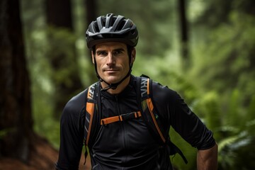 Cyclist standing in the forest looking at the camera with a serious expression