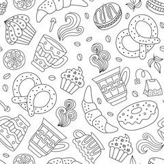 Seamless pattern with tea, coffee, pastries and sweets. Doodle style vector. - 726927124