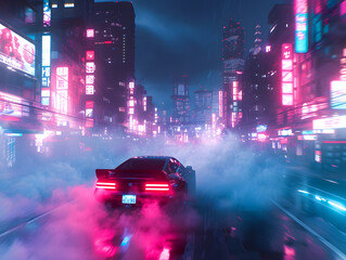A car with red lights is driving through a city at night.  The cityscape is full of tall buildings.