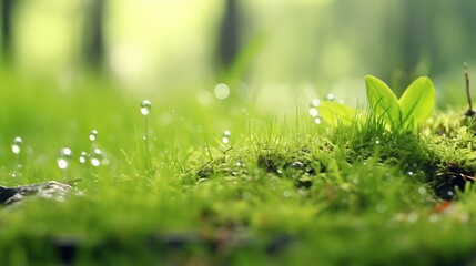 Forest glade on spring morning with green grass and transparent water drop lets. Beautiful smooth bokeh forest with sunshine. Generative Ai