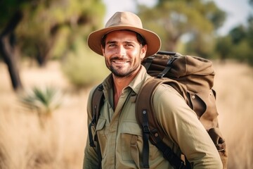 Handsome man hiking in a field with a backpack and hat