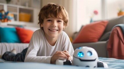 Smiling child plays with a robot friend at home. kid engaging with tech toy. fun childhood moment captured. family lifestyle. AI