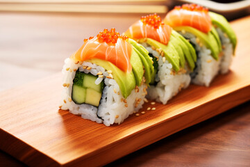 A sushi roll with salmon, avocado, and cucumber. AI Generative