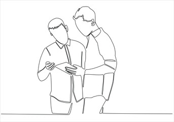 Continuous line drawing of two men studying. Two young students sit in the library or on campus and read books. Learning, Education. vector illustration isolated on white background