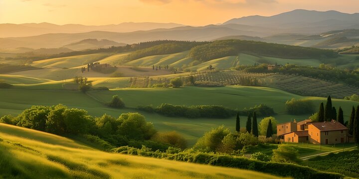 Golden hour over a serene countryside landscape, tranquil hills and farmhouses. perfect for travel and nature themes. AI