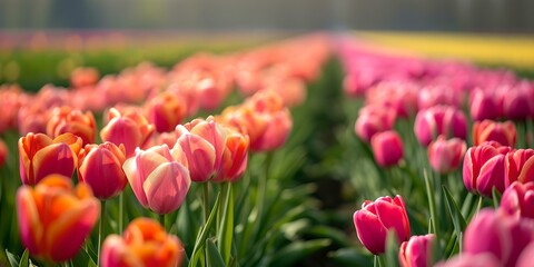 Vibrant tulips in bloom on a spring day, colorful floral landscape, fresh garden scenery for relaxation. AI