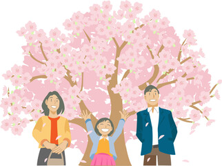 満開の桜の木の下で微笑む家族のイラスト