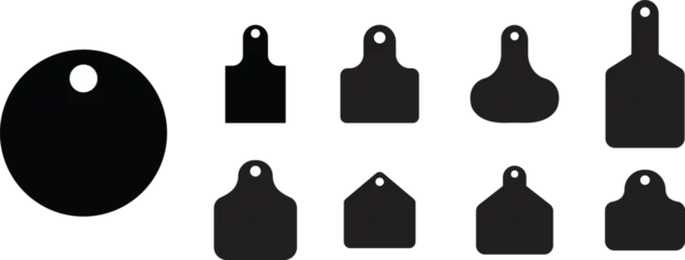 Fotobehang Set of Cow Tags icons. Ear tags signs beefs symbols. Ear tags for cattle. Black Fill identification label for farm animals isolated on transparent background. Earmark mockup for livestock Vectors. © M