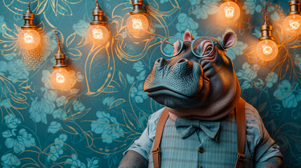 Hipster hippo in suspenders and a bow tie, wearing retro glasses, against a vintage wallpaper backdrop, lit with warm Edison bulbs, emanating quirky charm and nostalgia