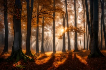 Trees in the forest in autumn, with fog and sunset