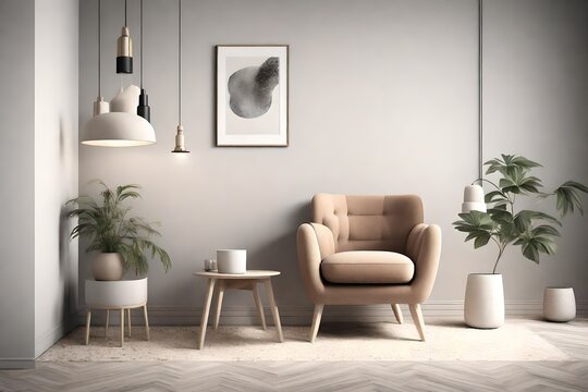 Mockup blank on beige wall with metal furniture. 3D render