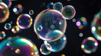 Closeup of  shiny soap bubbles with reflection on black background - obrazy, fototapety, plakaty