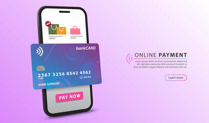 Online payment with mobile banking card and mobile phone. Digital pay service for shopping app. Vector illustration.