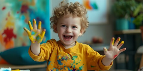 Cheerful toddler shows paint-covered hands after art play. joyful creative activity. child's innocent smile in artistic setting. candid moment captured. AI