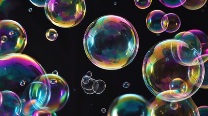 Closeup of  shiny soap bubbles with reflection on black background
