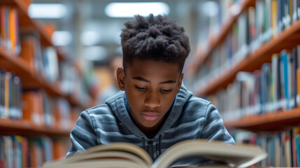Black 7th grader boy studying and reading inside a library. 