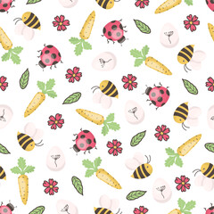 Easter seamless pattern with egg, carrot, flower, bee, ladybug and leaf. In cartoon style. Stock isolated image on a white background. Great for Easter Cards, banner, textiles, wallpapers