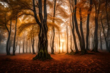 Trees in the forest in autumn, with fog and sunset
