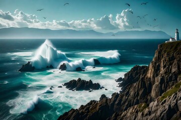 A majestic coastal cliff vista, with waves crashing against the rocky shores, a lighthouse perched on the edge, and seagulls soaring in the vast open sky.